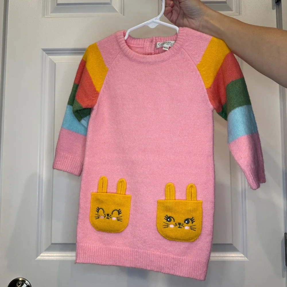 George Baby Girls Stripe Bunny Pocket‎ Knit Sweater Dress Size 18-24 Months